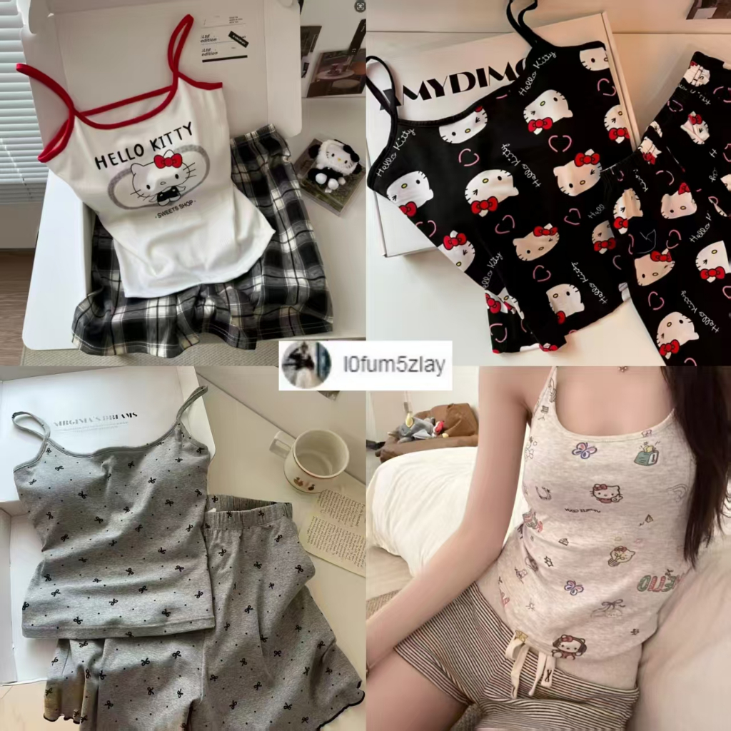 (ราคาถูกที่สุด) ชุดนอนเวอร์ชั่นเกาหลี， มาพร้อมกับแผ่นรองหน้าอก， ลายแมวเคที， ขาสั้น+เสื้อกล้าม,M-2XL