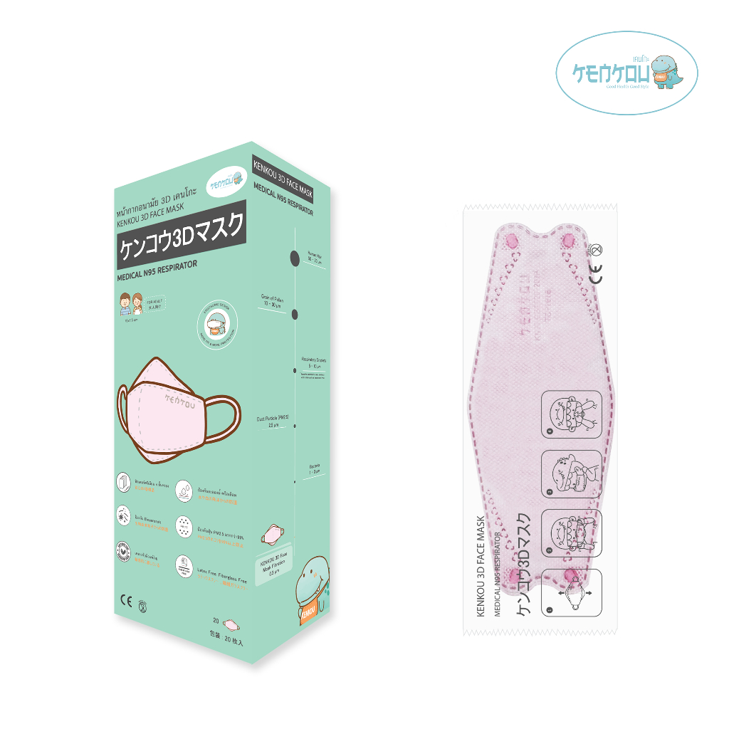 EXP:01052027 หน้ากากอนามัย 3D เคนโกะ สำหรับผู้ใหญ่ สีชมพู บรรจุ 20 ชิ้น/กล่อง (ซีลแยกชิ้น)