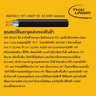 สายไฟ VKF ไทยยูเนี่ยน สีดำ สีเทา สายแบน สายพัดลม ทองแดงเต็ม มาตรฐาน มอก. 2x0.5 2x0.75 2x1 Sq.mm ยาว 10 ม.