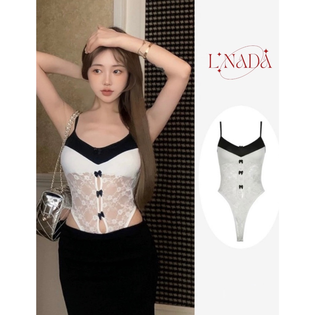 L'NADA【พร้อมส่ง】บอดี้สูทสายเดี่ยวลูกไม้ มีฟองน้ำในตัว