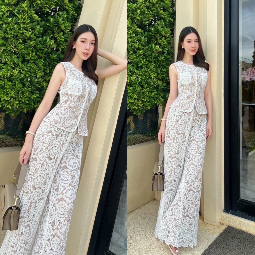 "เช็คสินค้าก่อนสั่งซื้อ สั่งแล้วห้ามยกเลิกน๊าค๊า"ABIGAIL เซต2ชิ้น เสื้อลูกไม้แขนกุดกระดุมหน้าแบบแกะออกได้