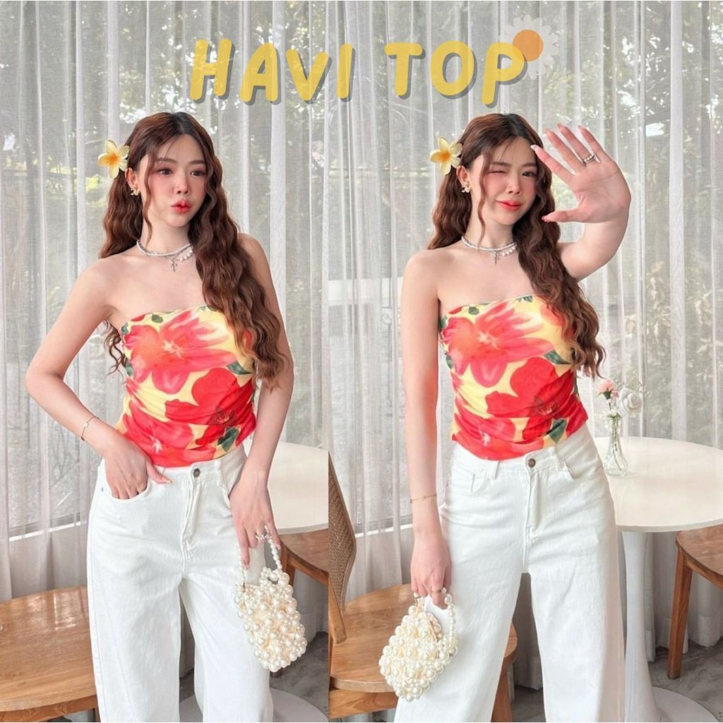 HAVI เสื้อเกาะอกผ้าตาข่าย มีฟองน้ำ พิมพ์ลายชบา เสื้อเกาะอกชบาสีเหลือง น่ารักฟิลทะเล สาวอวบใส่ได้ สวยมาก Sheeny (S026)