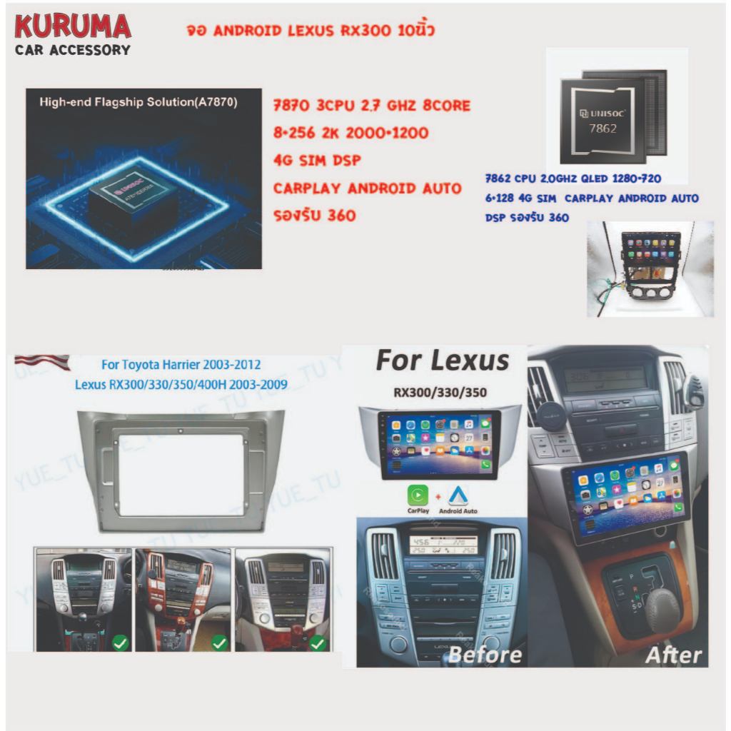 จอ android Lexus Rx300 03-12 10นิ้ว 7862 3CPU 2.7GHZ 8+256 2k 360/7862 2CPU 8core 6+128 QLED 360