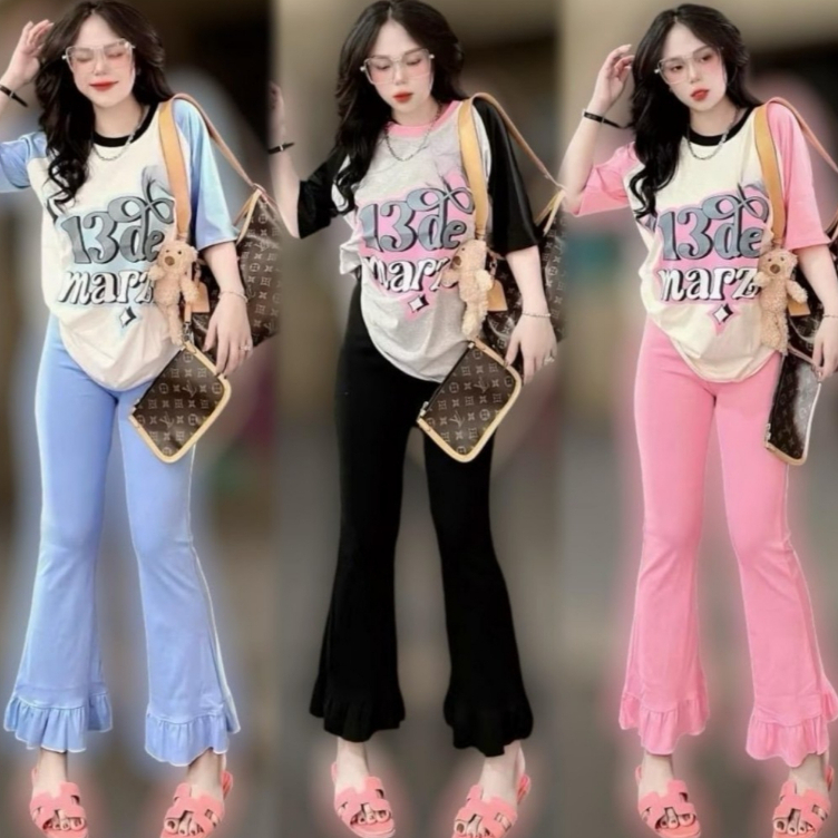 mayura_stores No.AD355 ชุดเซ็ทผู้หญิง เสื้อแขนสั้น+กางเกงขาบานแต่งระบาย ชุดเซ็ท เสื้อผ้าแฟชั่น 🌟ส่งจากไทย🌟