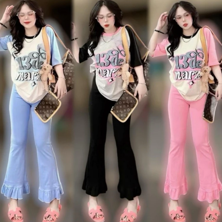 mayura_stores No.AD355 ชุดเซ็ทผู้หญิง เสื้อแขนสั้น+กางเกงขาบานแต่งระบาย ชุดเซ็ท เสื้อผ้าแฟชั่น 🌟ส่งจากไทย🌟