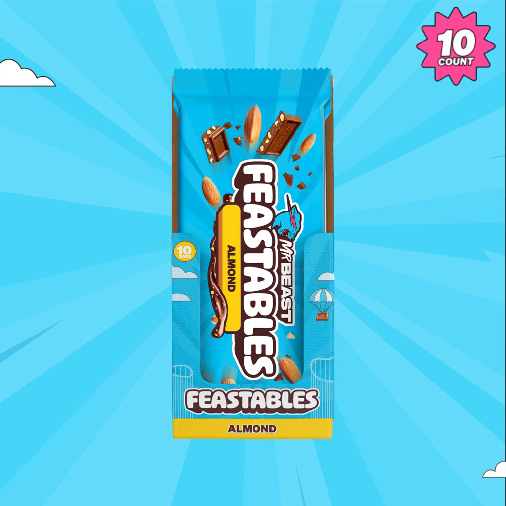 [ยกกล่อง 10 แท่ง] 🍫 Mr.BEAST FEASTABLES ช็อกโกแลตผสมถั่วอัลมอนด์ 60 กรัม FEASTABLES ALMOND CHOCOLATE BAR 60g.