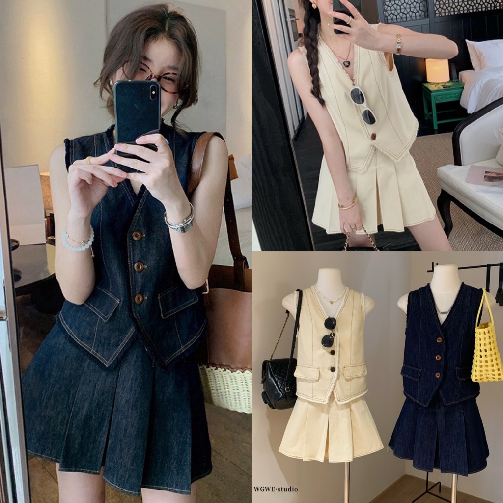 🧡🧵 🇰🇷 W5647 เซ็ท 2 ชิ้น เสื้อแขนกุดทรงกั๊ก +กระโปรง ผ้ายีนส์ ชายเสื้อแต่งผ้า TAG WG.WE 🧵🧡