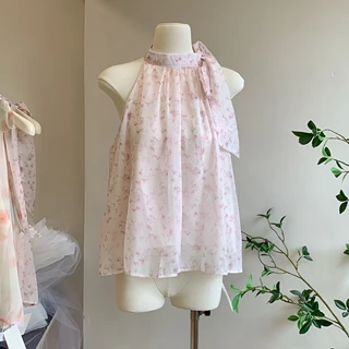 [Sheing office]🌟พร้อมส่ง🌟เสื้อเชิ้ตผ้าชีฟองแขนกุดคอฮอลเตอร์ลายดอกไม้สำหรับผู้หญิง เสื้อเปิดไหล่ช่วงฤดูร้อน