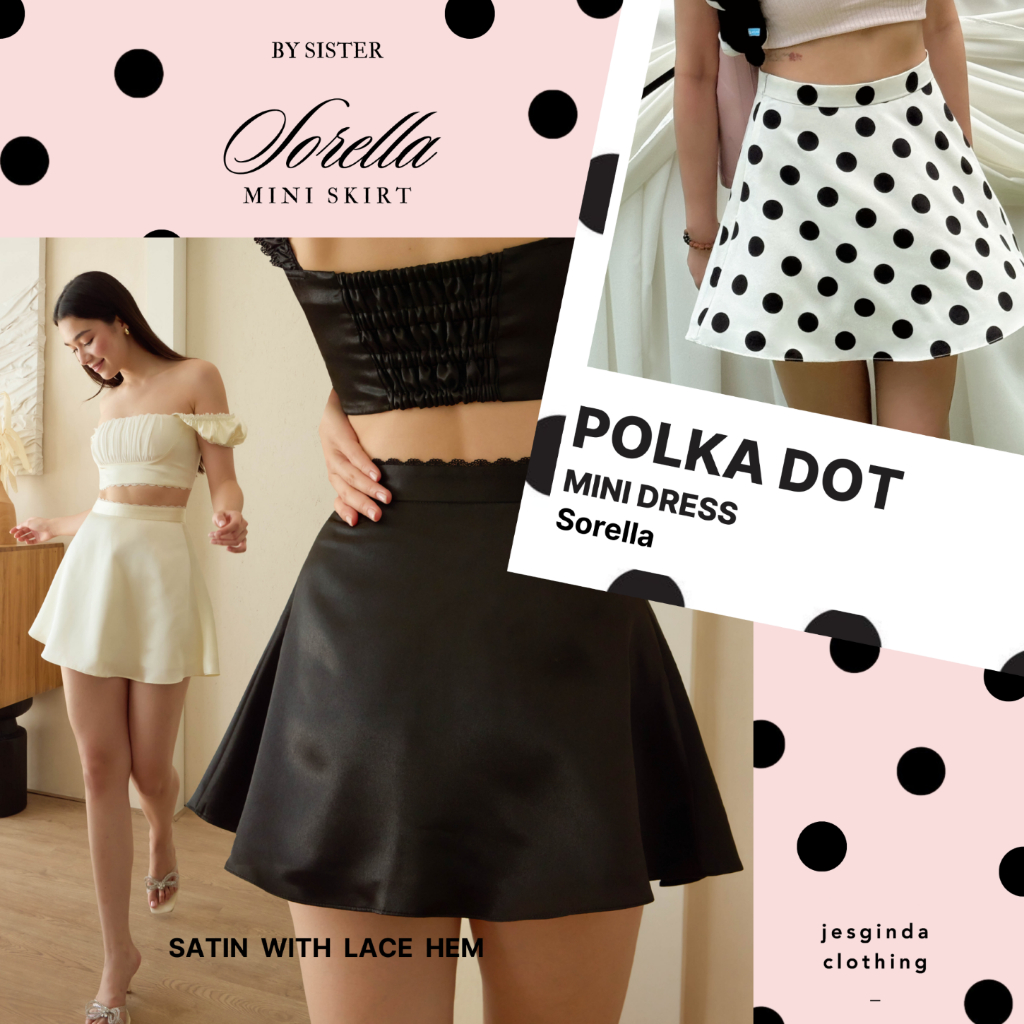 JESGINDA Sorella Mini Skirt : PolkaDot, Satin กระโปรงสั้นพริ้ว ทรงสวย ซับสองชั้น (ลายจุด, ซาตินขอบลูกไม้)