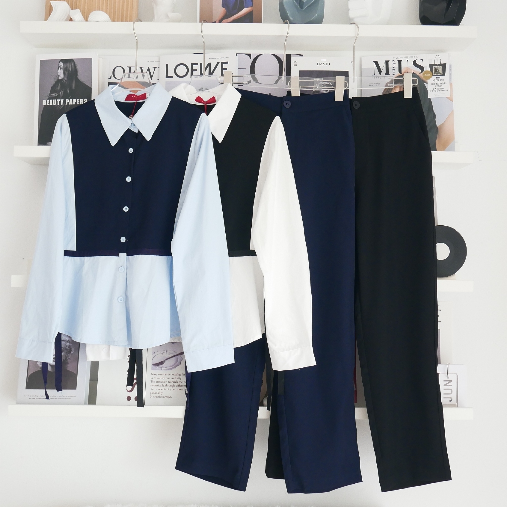 Lawyer Store | [5481546] [5481546-1] (ขายแยกชิ้น) ชุดเซ็ท เสื้อทูโทนคอปก แต่งกั๊กผูกข้าง กางเกงขายาว ผ้าใส่สบาย