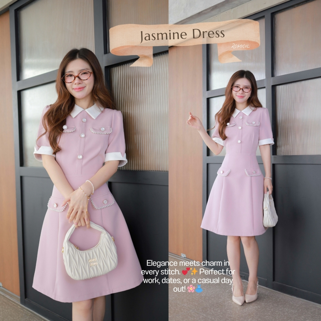 "Romi"Oil" Jasmine Dress (Pink) K221 ชุดเดรสสีชมพู (คอปกสีขาวแต่งกระดุม)