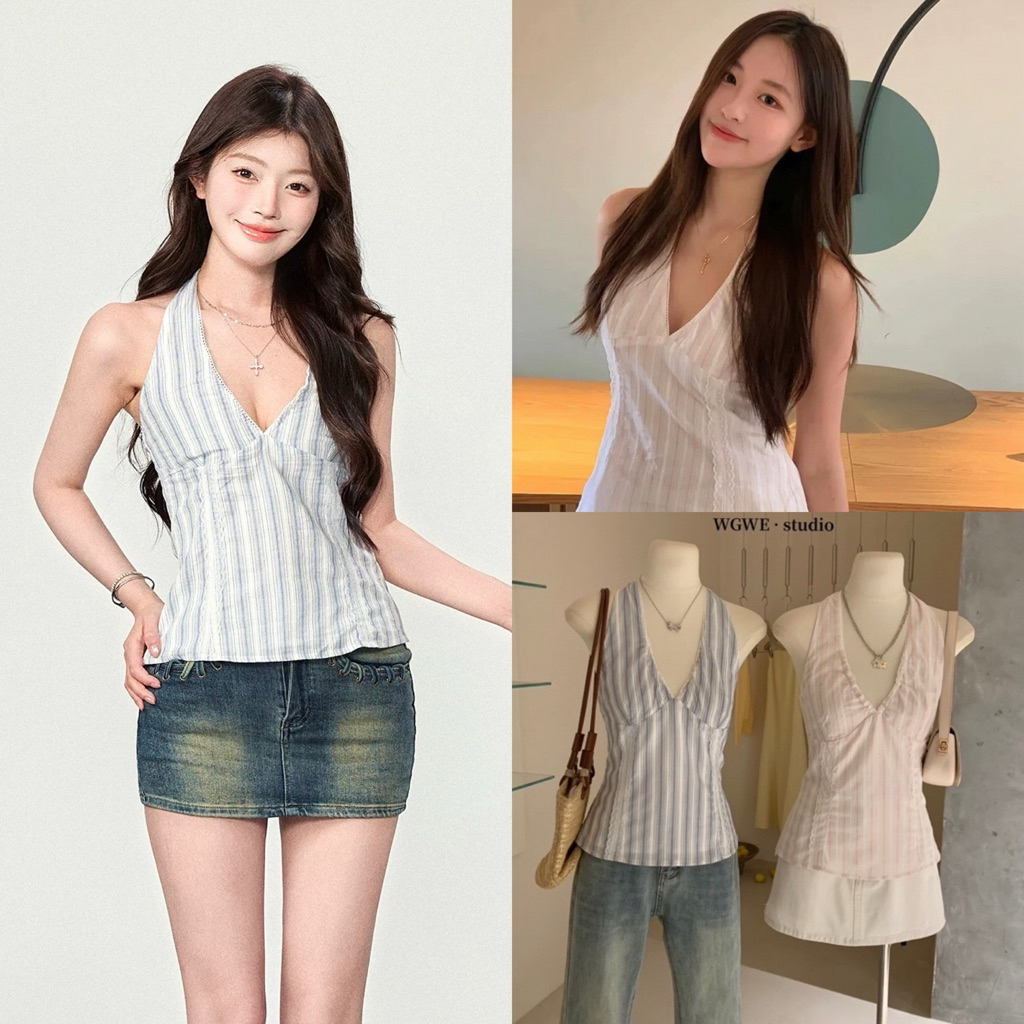 เสื้อคล้องคอลายริ้วหลังสมอคผูกโบว์รุ่น 3055 TAG WG.WE 🇰🇷