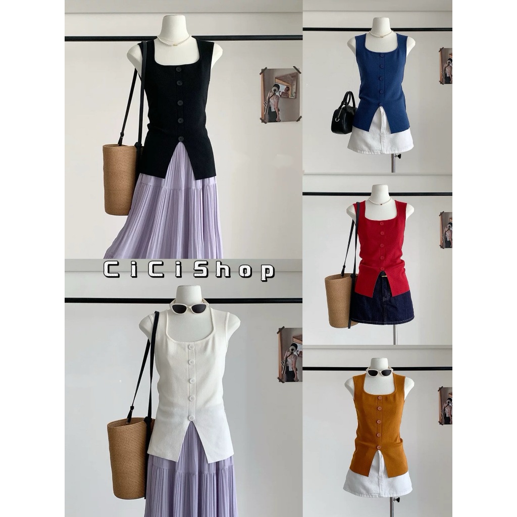 Cicishop(Z31) เสื้อไหมพรมแขนกุดคอเหลี่ยมแบบกั๊ก กระดุมหลอก ดีเทลแหวกด้านล่าง สไตล์ฝรั่งเศส