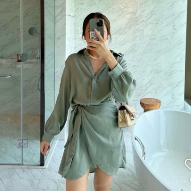 ส่งต่อ ชุดเดรสแขนยาว สีเขียว simple.par (ซักครั้งเดียว ไม่เคยใส่)