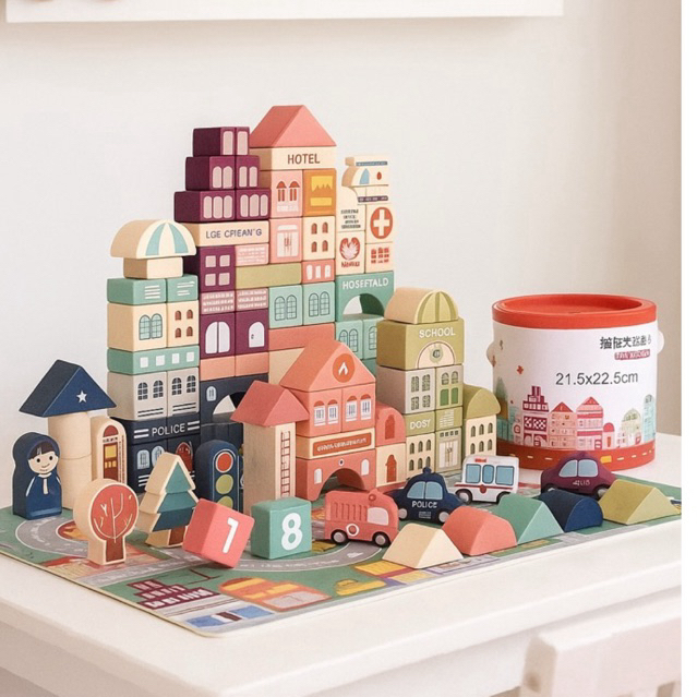 🚚Babytime <แบบถังเก็บ> บล็อกไม้ บล๊อกไม้สร้างเมือง พร้อมผังเมือง 100 ชิ้น พร้อมถังเก็บและหลุมหยอด