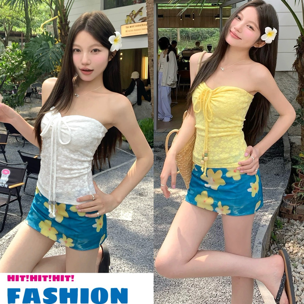 STR พร้อมส่ง🌼เสื้อเกาะอกลายลูกไม้ เสื้อคล้องคอปักลายดอกไม้ ใส่ได้สองแบบ สายห้อยคอหรือผูกหน้า ชุดไปทะเล  สไตล์สาวซัมเมอร์