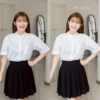 ✨เสื้อคอจีน/คอปก💫เสื้อนักศึกษาคอจีน/คอปกทรงบอยผ้าคอมทวิว/ผ้าอ๊อกฟอร์ด(ผ้าดิบ)”รอบอก36-50”