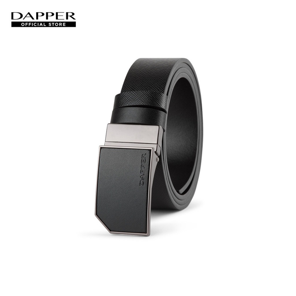 DAPPER เข็มขัดหนังแท้ Snip Corner Plaque Buckle Belt แบบใส่ได้ 2 ด้าน สีดำ (BBC/BK/1287PG4)