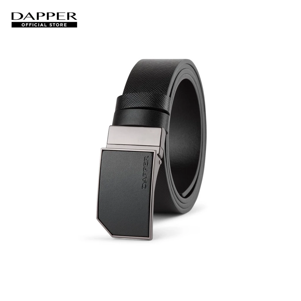 DAPPER เข็มขัดหนังแท้ Snip Corner Plaque Buckle Belt แบบใส่ได้ 2 ด้าน สีดำ (BBC/BK/1287PG4)