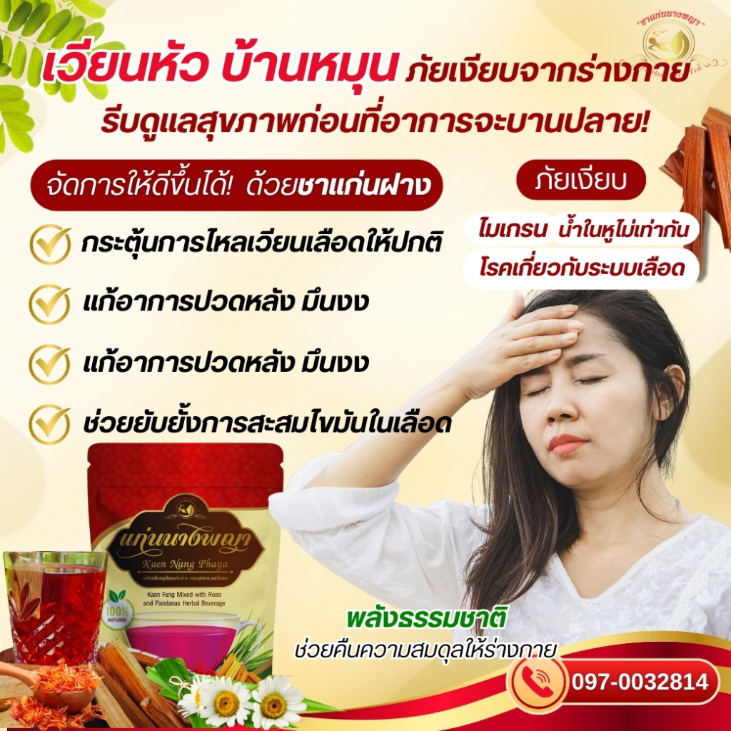 ชาแก่นฝาง บำรุงเลือด แก้เวียนหัว ไมเกรน บ้านหมุน อ่อนเพลีย ไม่มีแรง ปวดเหมื่อย เหนื่อยล้า นอนไม่หลับ