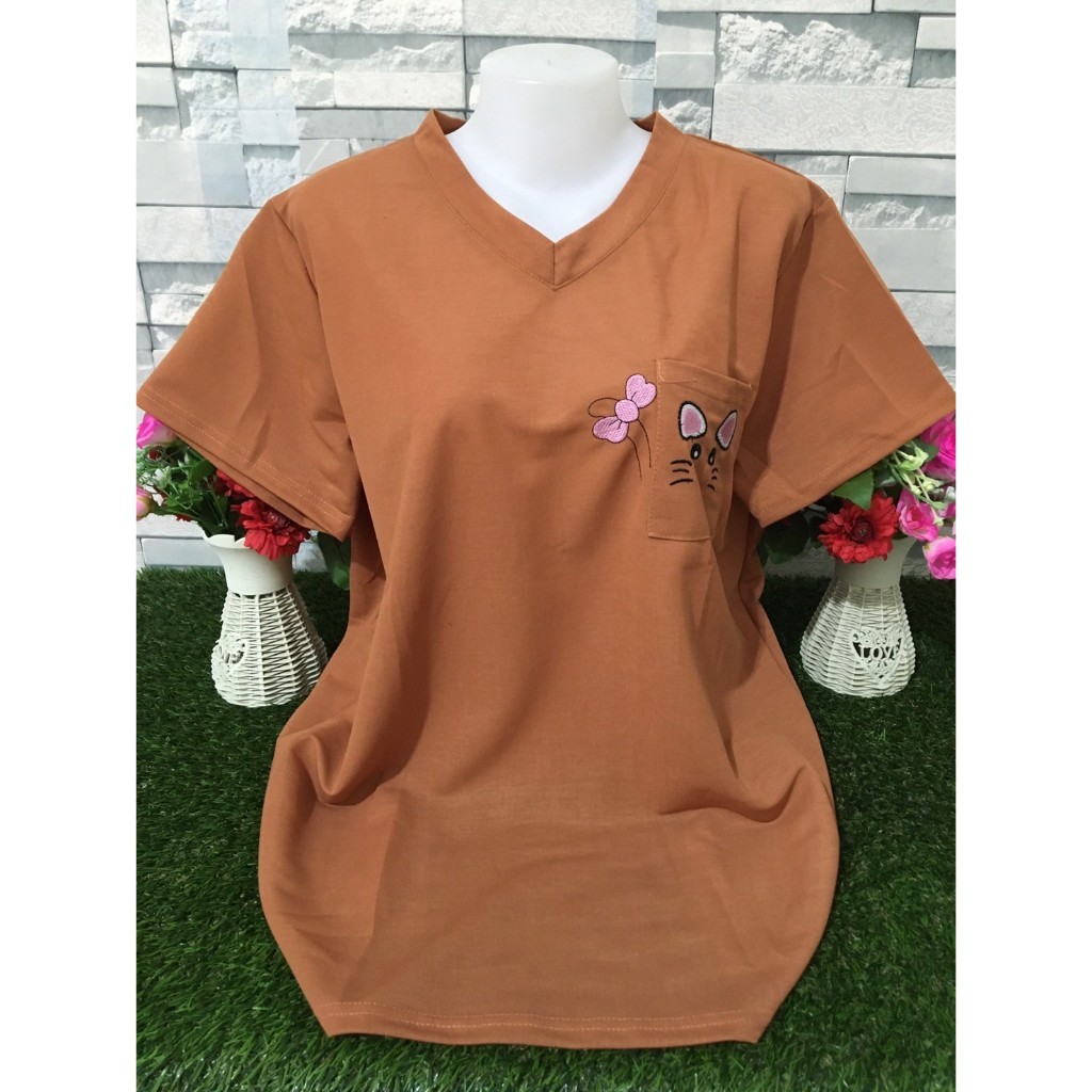 เสื้อยืดผู้หญิง อกฟรีไซร์46-50นิ้ว สาวอวบ เสื้อผ้าแฟชั่น คอวี รุ่น2503-โบว์
