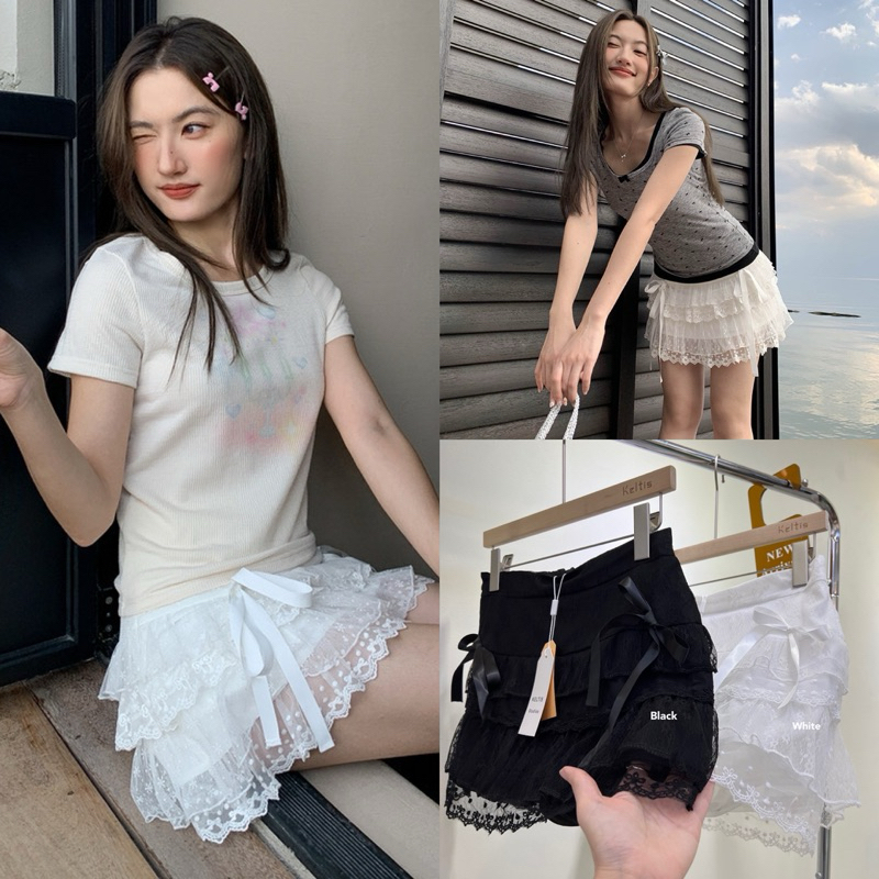 Gang_jeans#109(K)พร้อมส่ง กระโปรงลูกไม้ระบาย 3 ชั้นตกแต่งโบว์ สาวหวาน