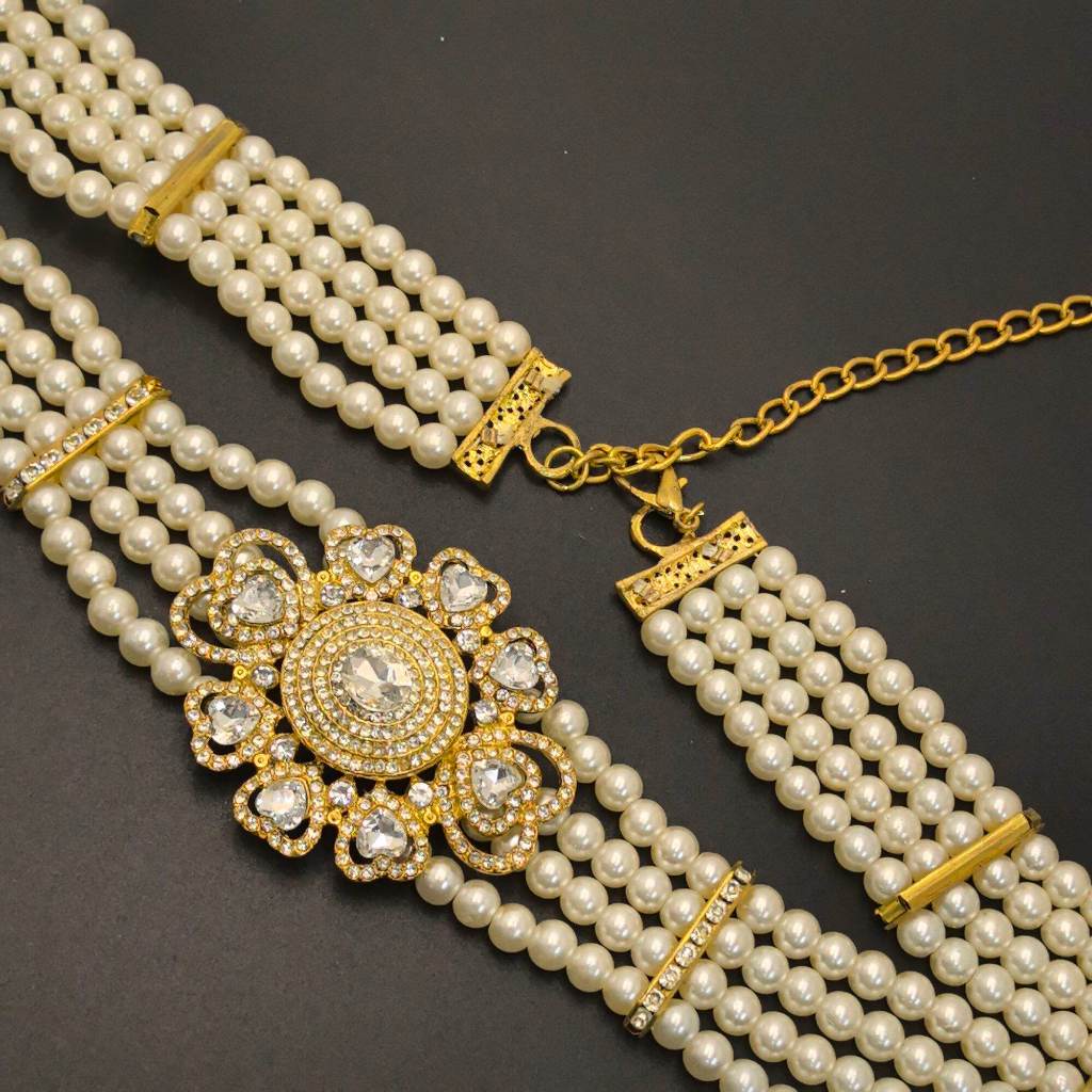 Vintage jewelryแฟชั่นเข็มขัดไข่มุกเข็มขัดดอกไม้ทอโซ่มุกสีทอง ไม่ยืดหยุ่น ปรับความยาว