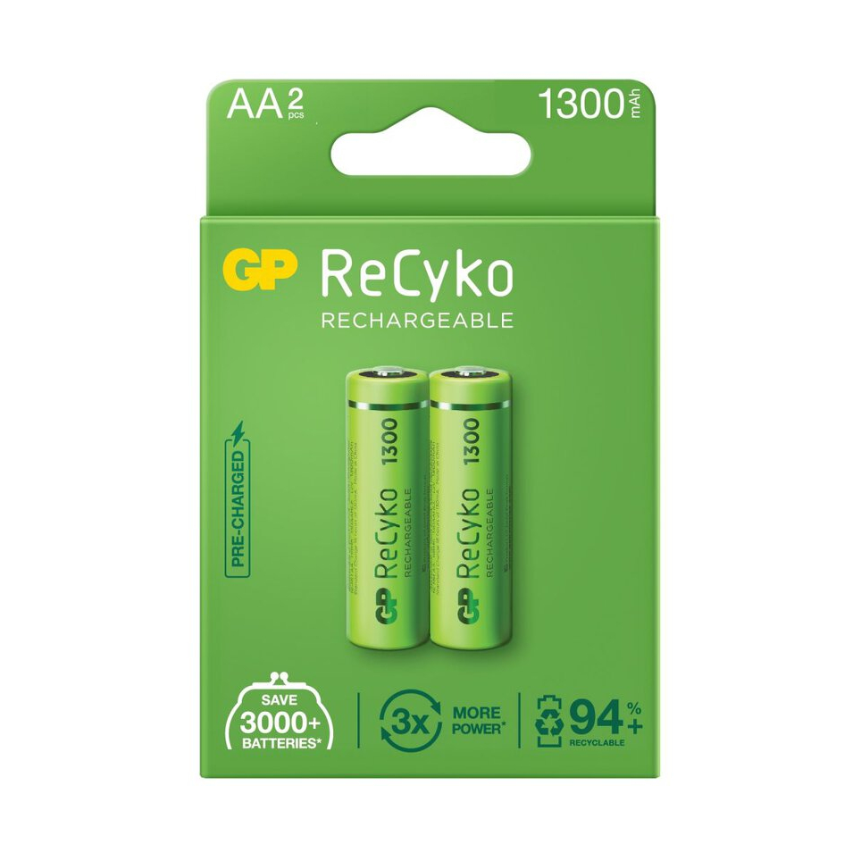 GP Rechargeable Battery ReCyko AA 1300mAh ถ่านชาร์จ (Pack-2,Pack-4) ของแท้