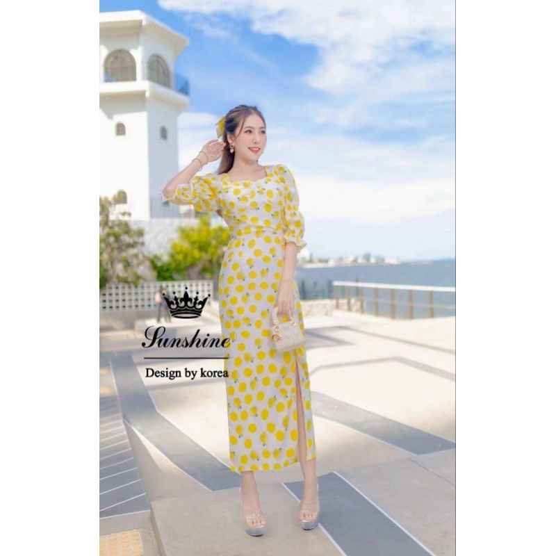 870💘มีMเดรสยาวลายเลม่อนแขนญาญ่า