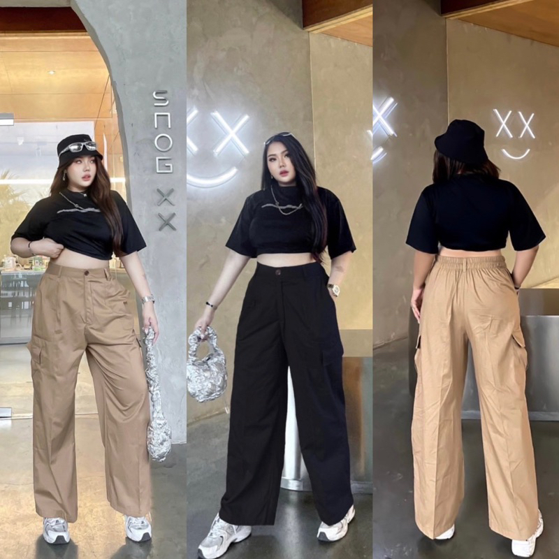 กางเกงคาร์โก้ขายาวเอวสูง สาวอวบ แต่งกระเป๋าข้างทรงสตรีท  เท่ๆ แมทช์ง่าย ใส่ได้ทุกลุค กางเกงคาร์โก้ plussize