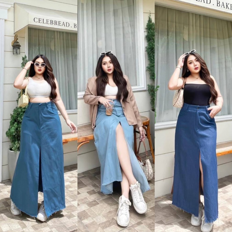 กระโปรงยีนส์ยาวเอวสูง สาวอวบ ผ่าหน้า เอวสม็อคด้านหลังใส่สบาย ดีเทลแต่งชายกระโปรง พลางหุ่นสุดๆ กระโปรงยาว plussize