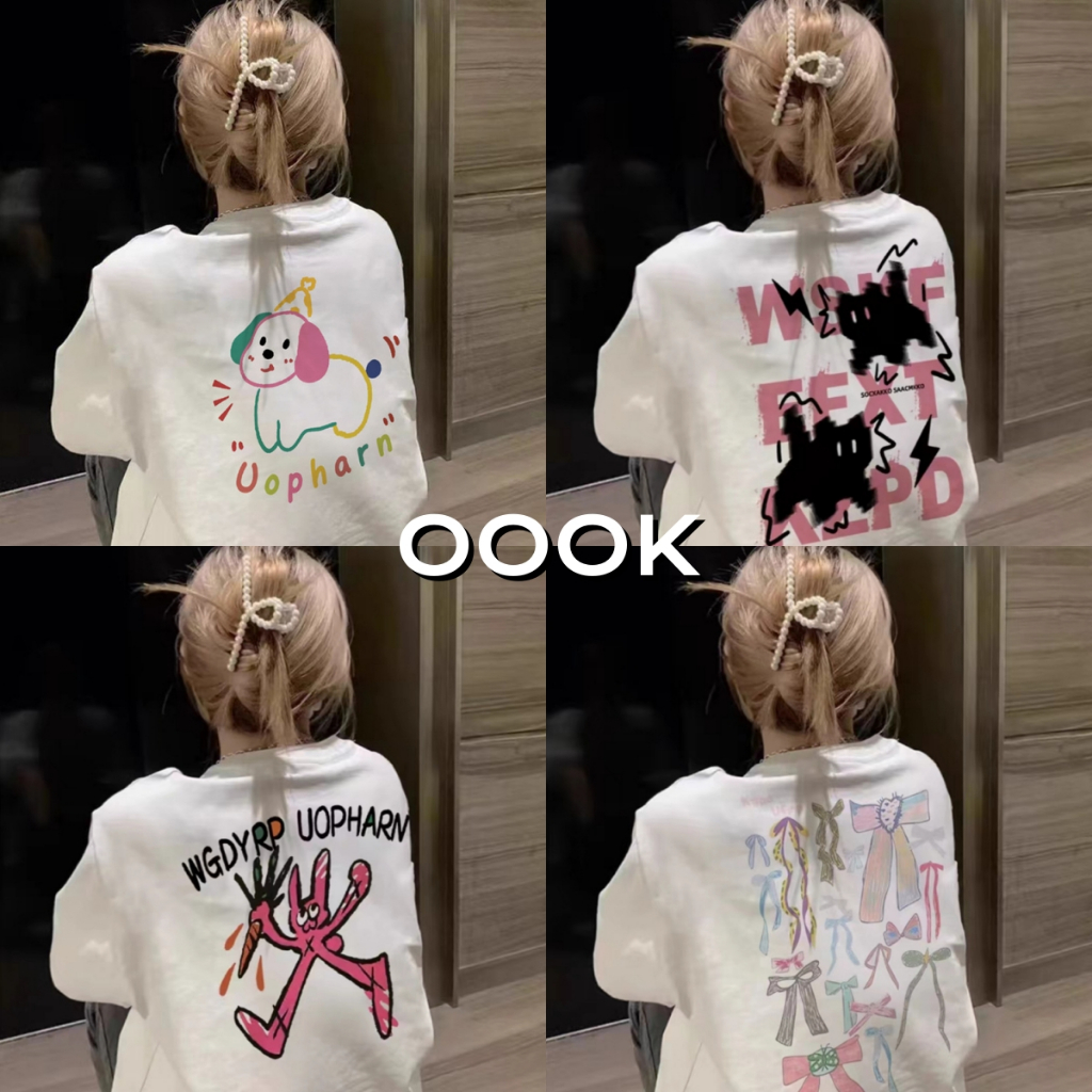 (จัดส่งตลอด 24 ชั่วโมง）OOOK Official เสื้อยืดแขนสั้นผู้หญิง 100% ผ้าฝ้าย ลายพิมพ์สุนัข สไตล์เกาหลีทรงหลวม แฟชั่นยอดนิยม