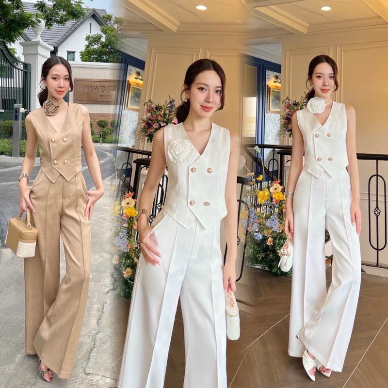 Showroom No.5•ชุดเซต เสื้อ+กางเกงขายาว+เข็มกลัดดอกไม้ น่ารักเรียบหรู