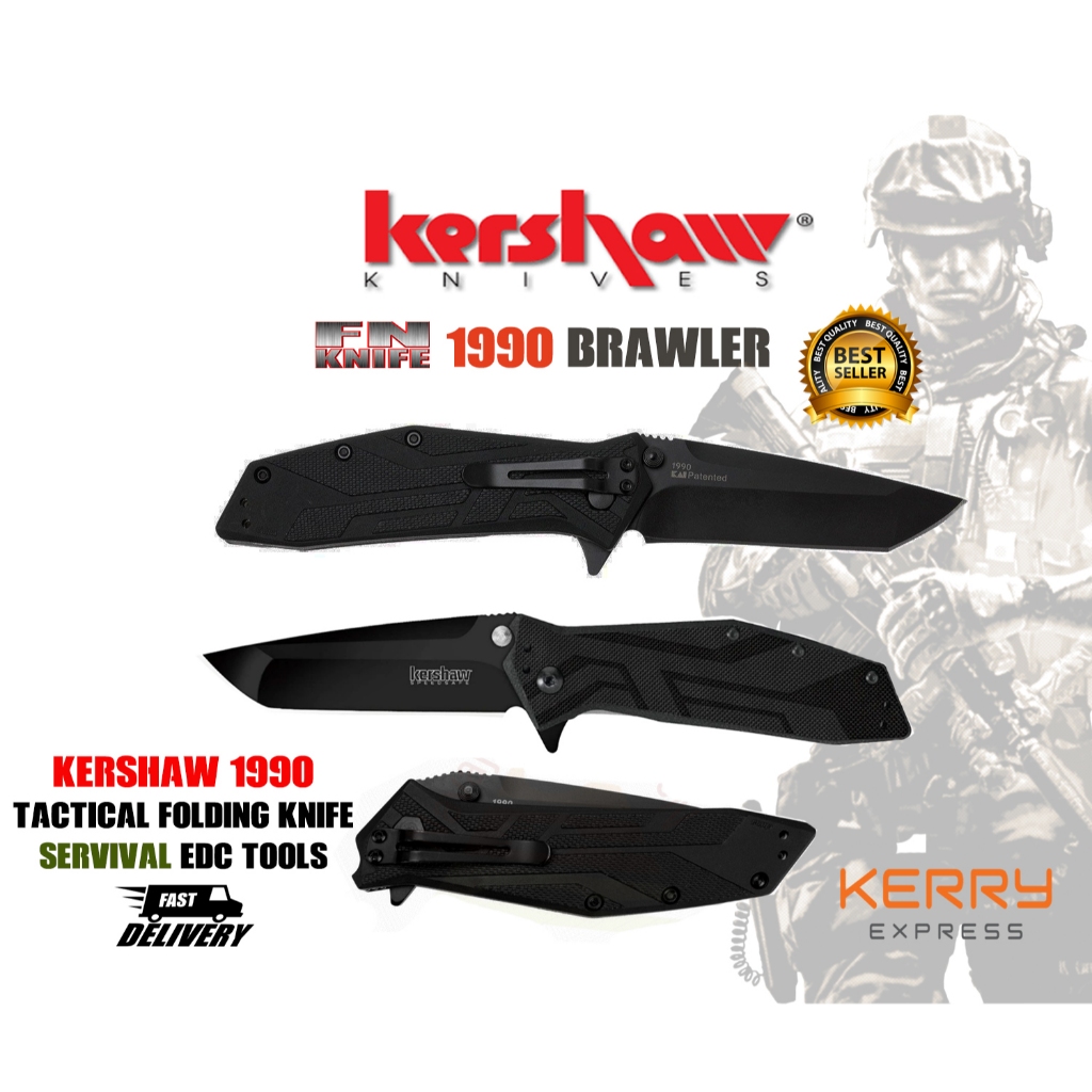 มีดพับ มีดเดินป่า ระบบดีดใบมีดFlipper kershaw 1990 brawler American Tanto liner lock