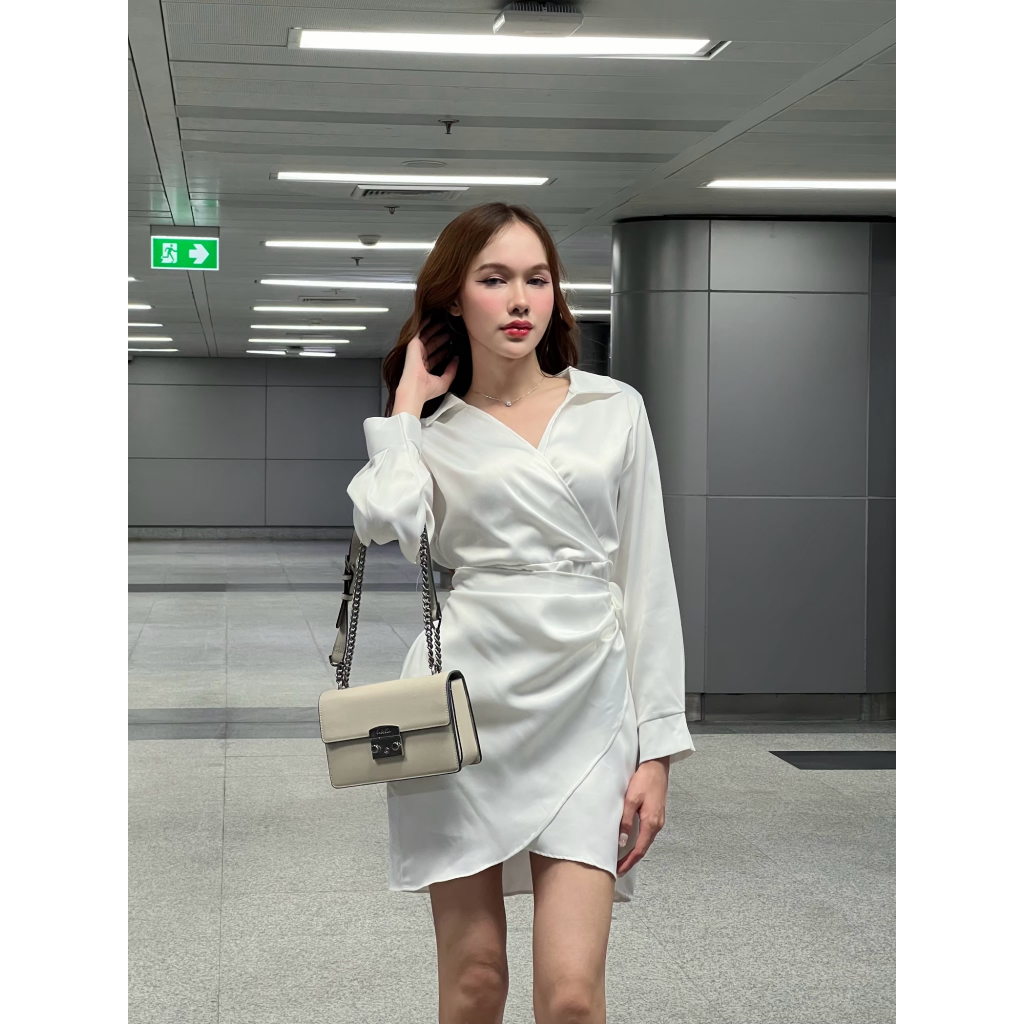 Lucky Dress ชุดเดรส ผ้าซาร่า ผูกเอว ออกงาน