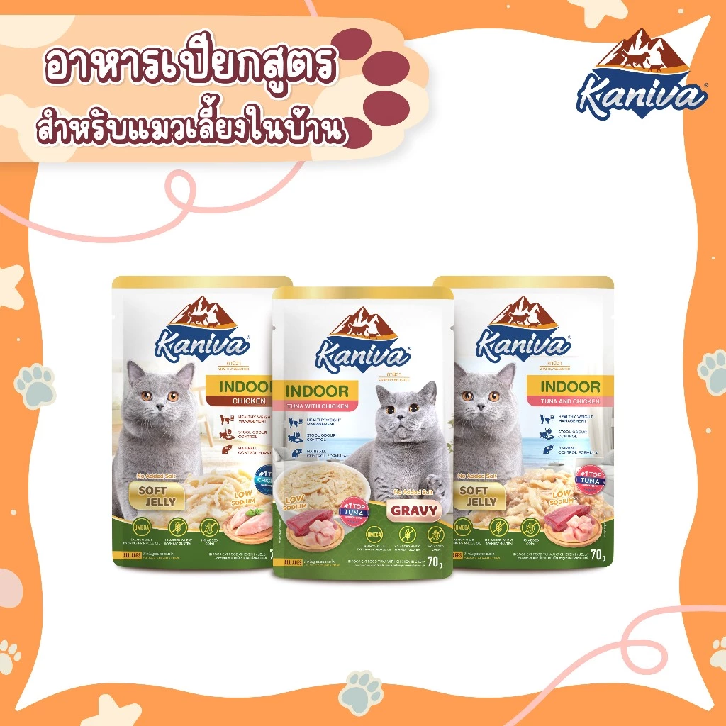 (12 ซอง) Kaniva Indoor Pouch อาหารแมวคานิว่า ชนิดเปียก ช่วยควบคุมน้ำหนัก ลดกลิ่นมูล ขนาด 70 กรัม