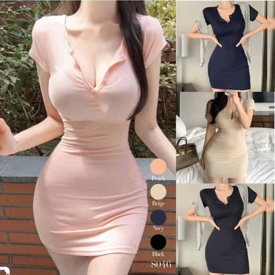 เดรสไปเที่ยว สีพื้น คอกลมแขนสั้น ติดกระดุมหน้าอก ทรงเข้ารูป สำหรับสายหวาน ชุดใส่ไปทะเล Dress #8046