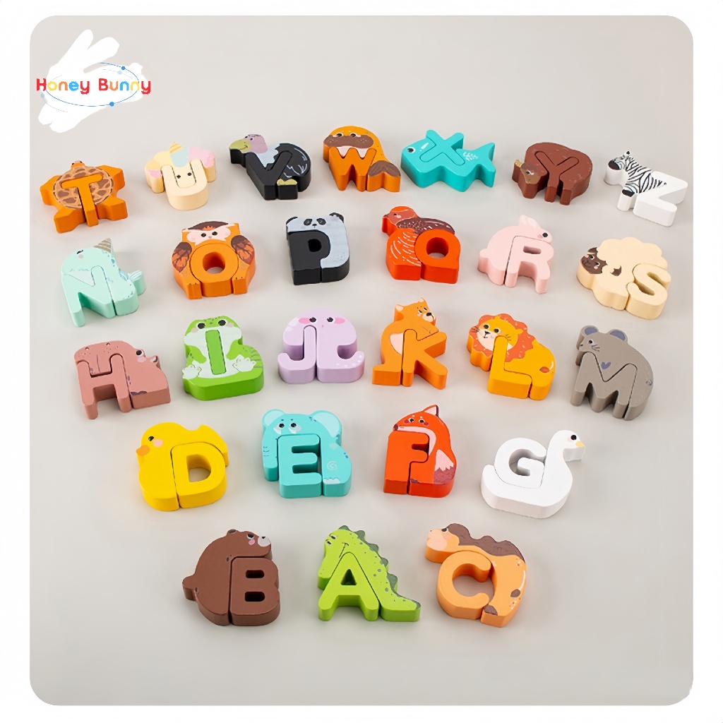 Honey Bunny ABC สัตว์อิฐเกม เด็ก ของเล่นไม้การ์ตูนสัตว์จํานวนบล็อก สัตว์ ของเล่นไม้ปริศนา alphabet