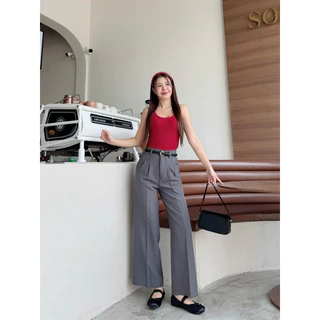 Costly Trousers กางเกงขายาวเอวสูงผู้หญิง ได้เข็มขัดด้วย แต่งจีบหน้า กางเกงขายาวพรางหุ่นเก็บพุง