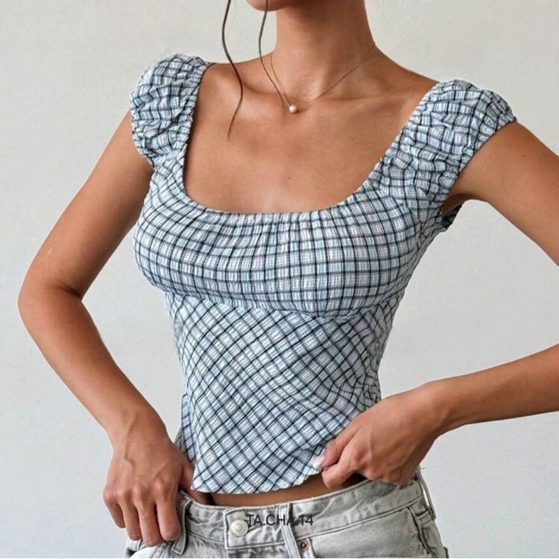 พร้อม​ส่ง​ 🍒🌈 เสื้อเบลาส์​ พิมพ์​ลาย​สก็อต​ ผูก​โบว์​ด้านหลัง​ โชว์​หลัง​ สีน้ำเงิน​​