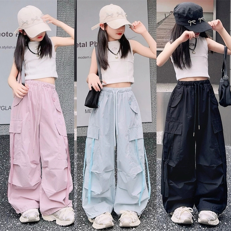 PRINCESS KESLI กางเกงคาร์โก้เด็ก แฟชั่น กางเกงขายาวลำลองบางหลวม ฮิปฮอปเกาหลี ลํา