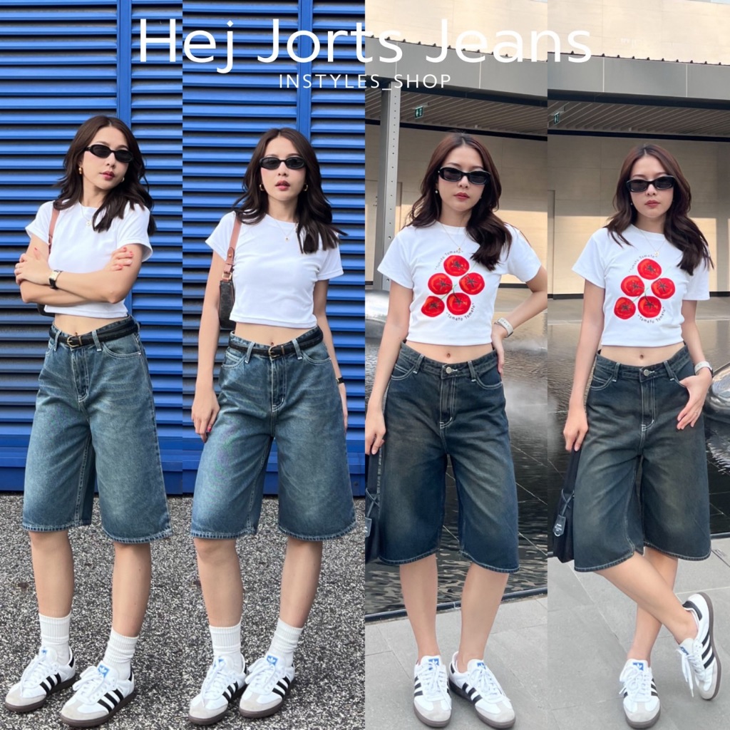 Instyles_Shop "Hej Jorts Jeans" กางเกงยีนส์ขากระบอก5ส่วน ยีนส์ขาสั้นทรงJorts ผ้ายีนส์แท้ไมยืด (มีS-2XL)