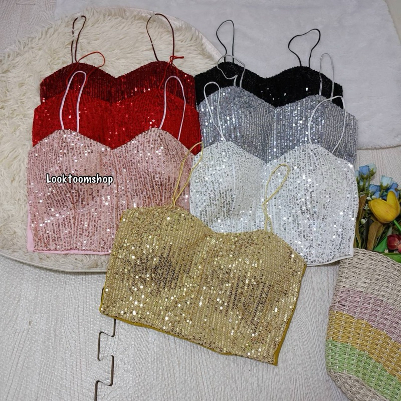 Looktoomshop #H06 เสื้อครอปสายเดี่ยว ปักผ้าวิบวับ อกเสิมฟองน้ำ อก30”-36”