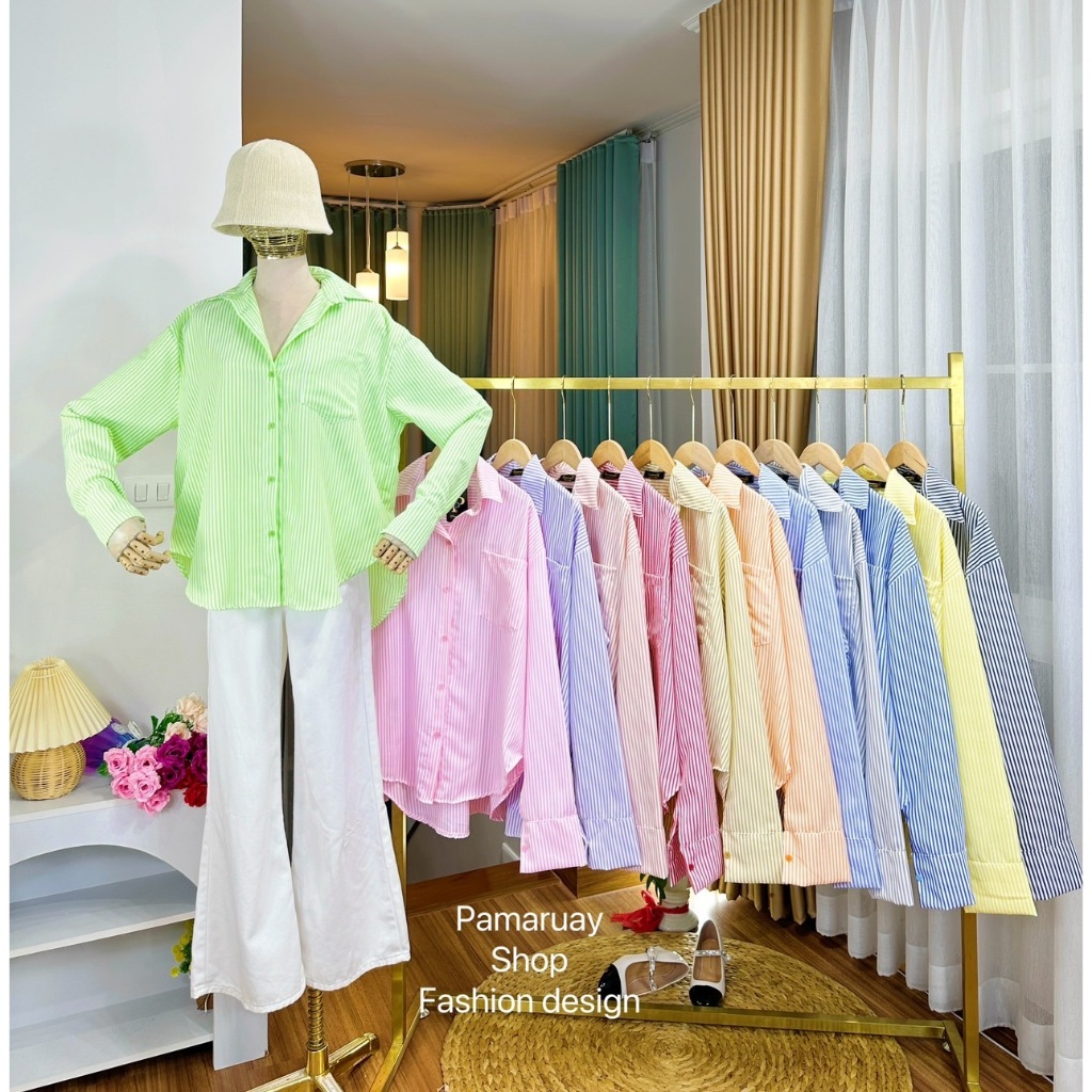 Pam746 เสื้อเชิ้ต ลายริ้วแขนยาว ดีไซน์หน้าสั้นหลังยาว งานโอเวอร์ไซต์