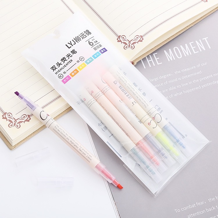 (แพ็ค6แท่ง)ปากกาไฮไลท์ 2หัว ปากกาเน้นข้อความ สีสดใส Highlighter Set