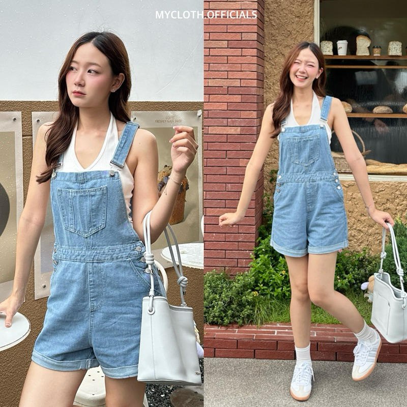 mycloth.officials - เอี๊ยมยีนส์ขาสั้น สียีนส์อ่อน น่ารักมากกกกก แมทช์ง่ายได้ทุกลุค