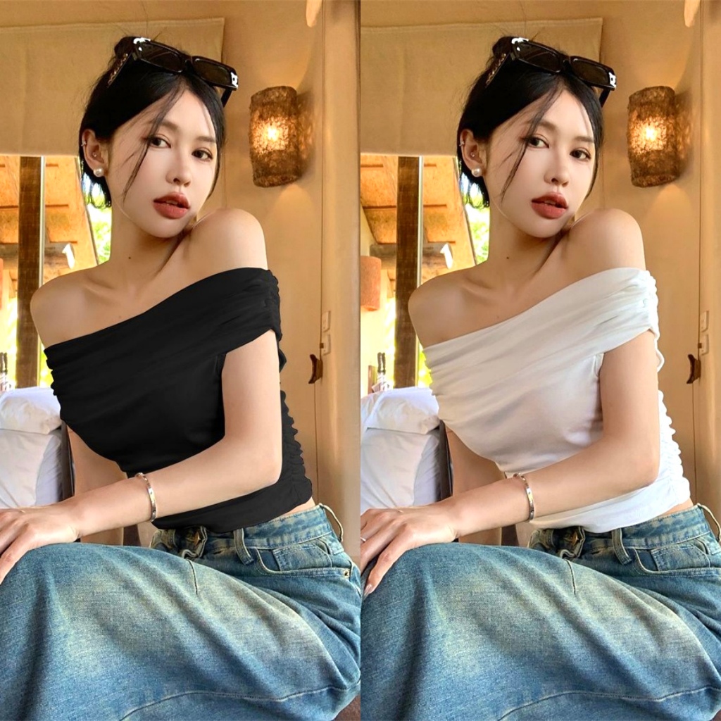 เสื้อเปิดไหล่ เสื้อยืดเเขนยาว ปาดไหล่พับ ทรงเข้ารูป ผ้าฝ้าย เซ็กซี่ #020266