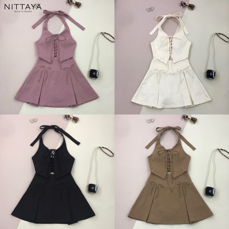 [NITTAYA] D2523 ชุดเซตเสื้อคล้องคอผูกโบว์ด้านหลังดีเทลสายถักช่วงอกแมทช์กับกระโปรงใส่เที่ยวดินเนอร์ ออกงาน ออกเดท ปาร์ตี้