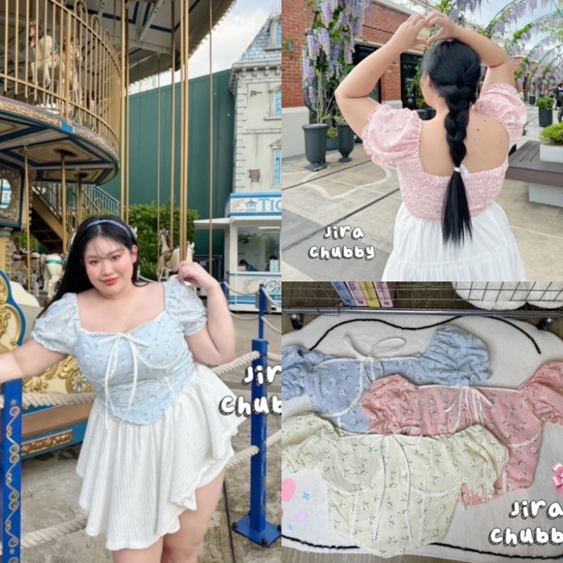 เสื้อคอเหลี่ยมแขนตุ๊กตา ลายดอกไม้ อก38-50" สม็อคหลัง สาวอวบอ้วน Plussize