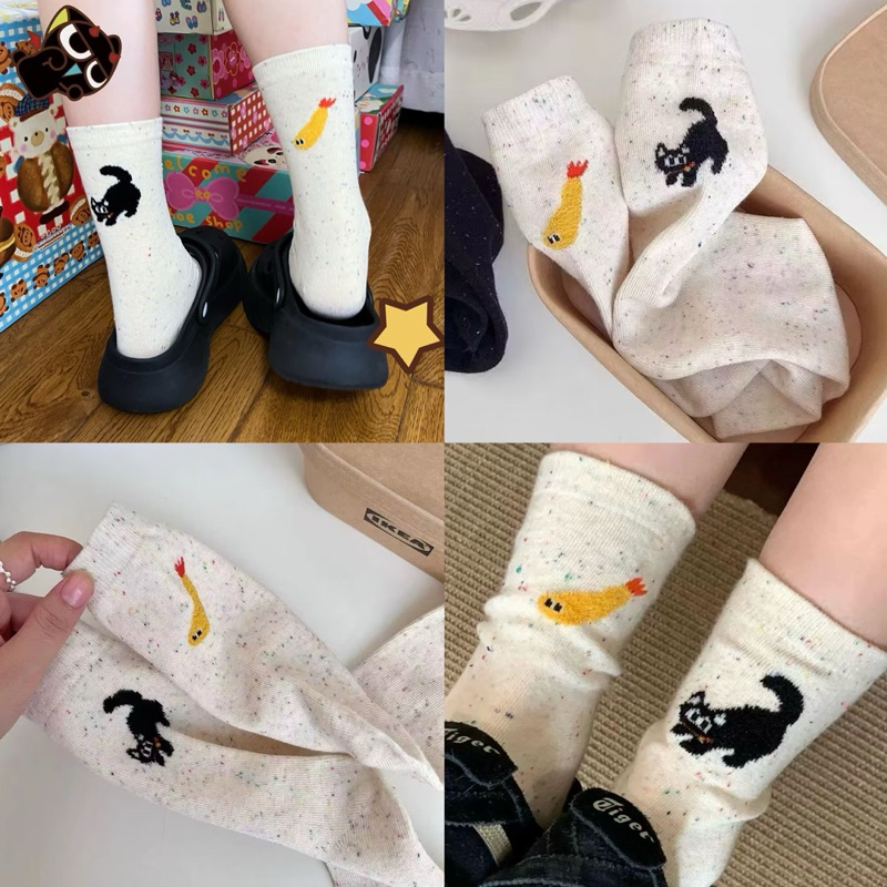 พร้อมส่ง ถุงเท้า แมวดำ + เทมปุระ สไตล์เกาหลี ถุงเท้าน่ารัก socks น่ารักสุดๆ